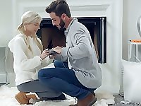 Petite blonde Piper Perri is making love with her new boyfriend by the fireplace