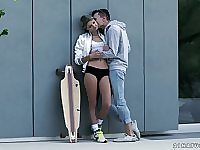 Petite blonde Gina Gerson gets her anus rimmed and fucked outdoor