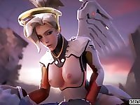 Horny blonde babe from Overwatch game called Mercy taking big dick missionary style