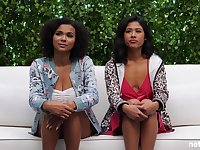 FFM threesome during casting with adorable amateurs Demi and Lily