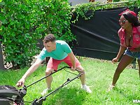 Busty black babe gets laid with the young gardener