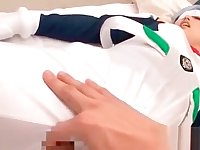 Asian babe in cosplay gets cunt finger teased thru pants