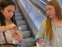 Long-haired beauties indulge in public lesbian sex